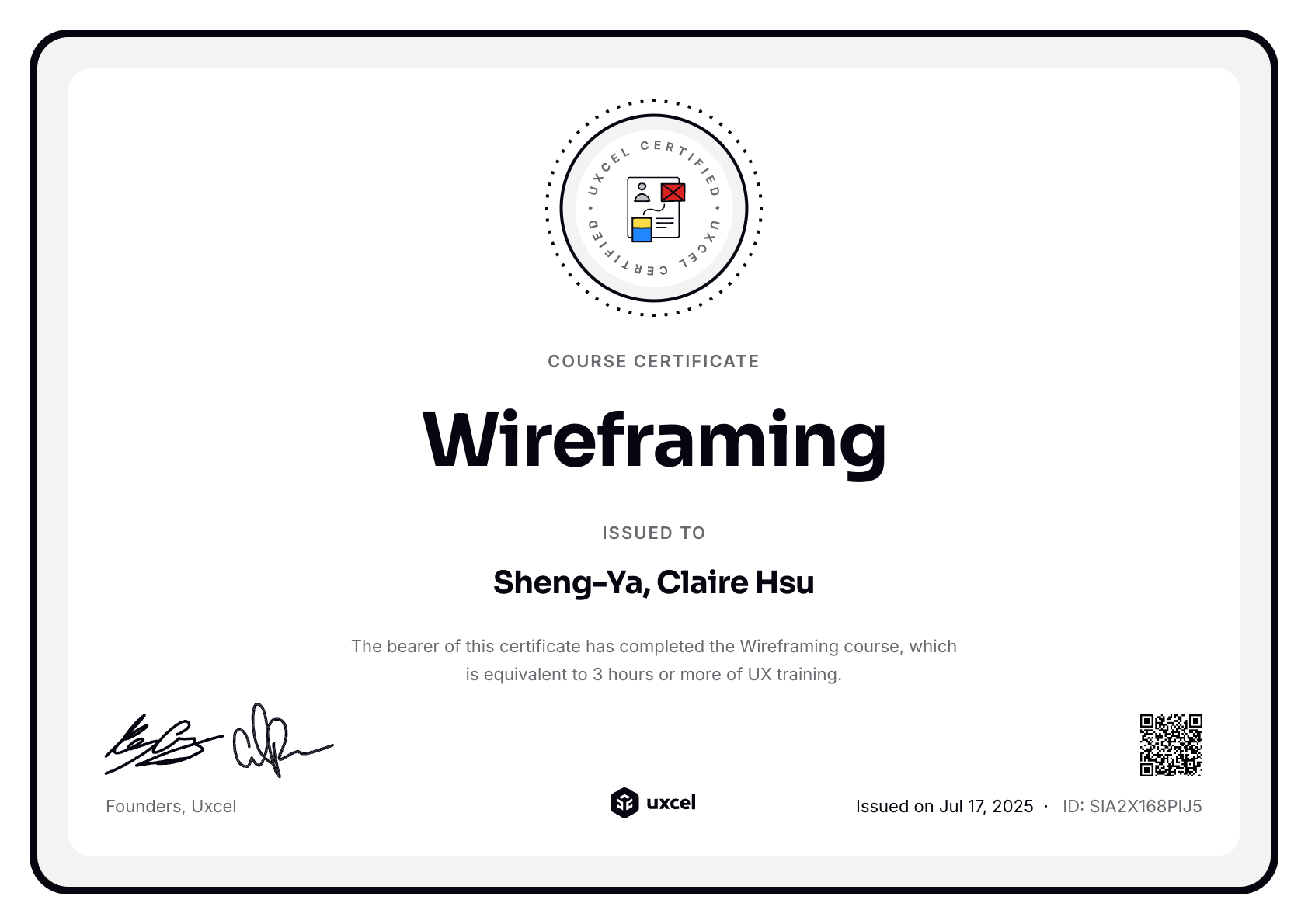 Sheng-Ya, Claire Hsu's certificate
